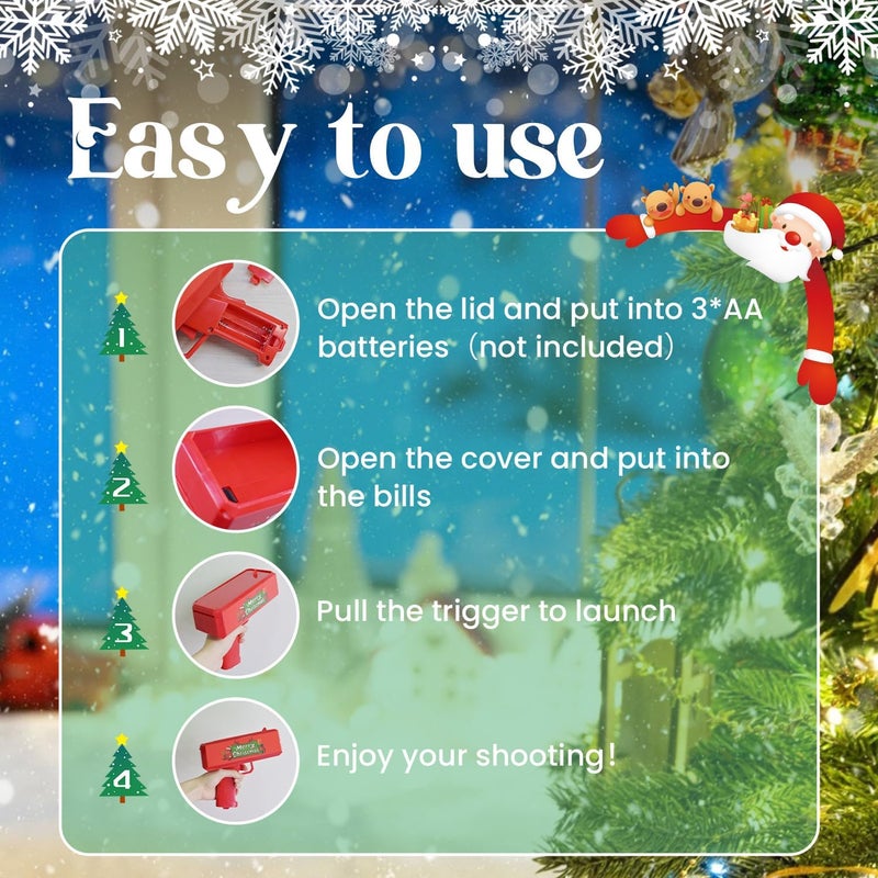 RADSHSP Money Gun Prop Party Bill Gun for Christmas Make It Rain Red Christmas Party Shooter Prop Gun with 200 Pcs Merry Christmas Paper Red&Green Xmas Toy Gun for Christmas New Year Eve Fun Surprise - Image 2